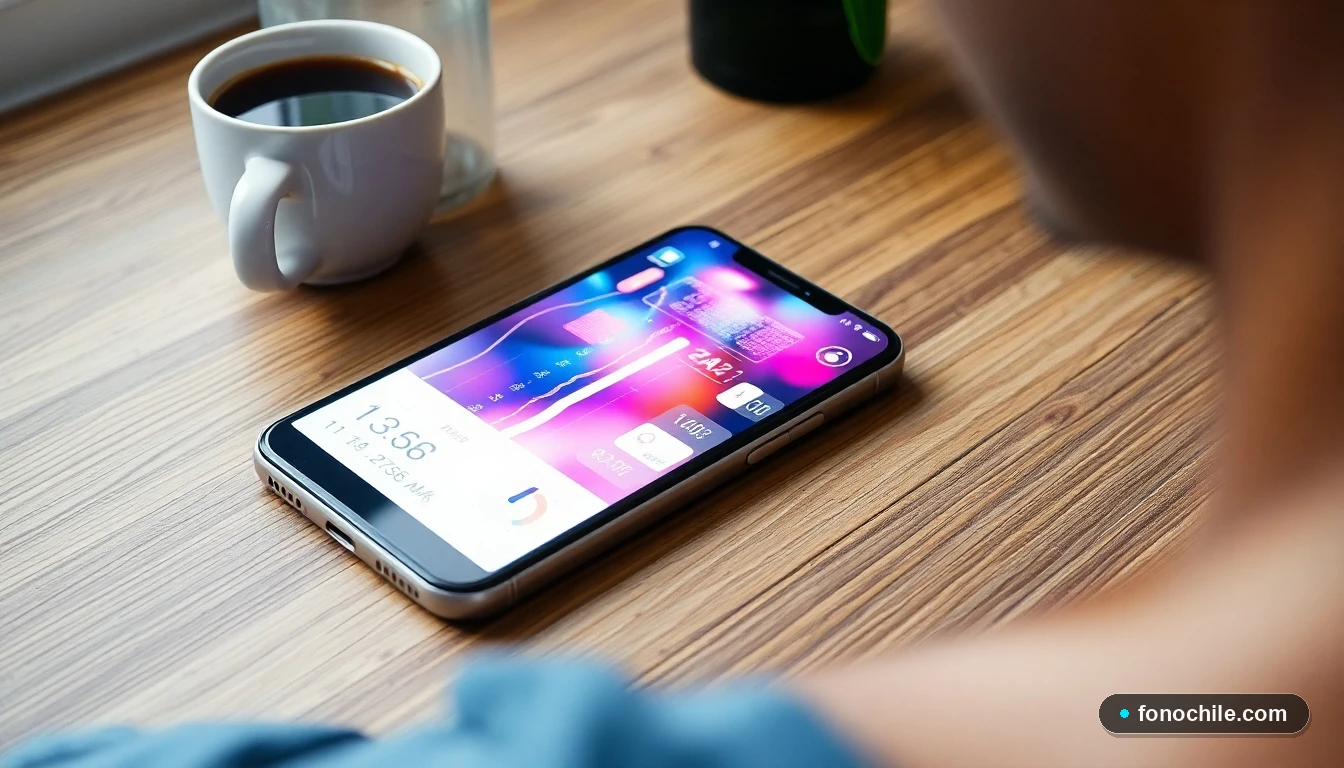 Smartphone mostrando gráficos abstractos de conexión y beneficios digitales en un entorno de trabajo moderno.