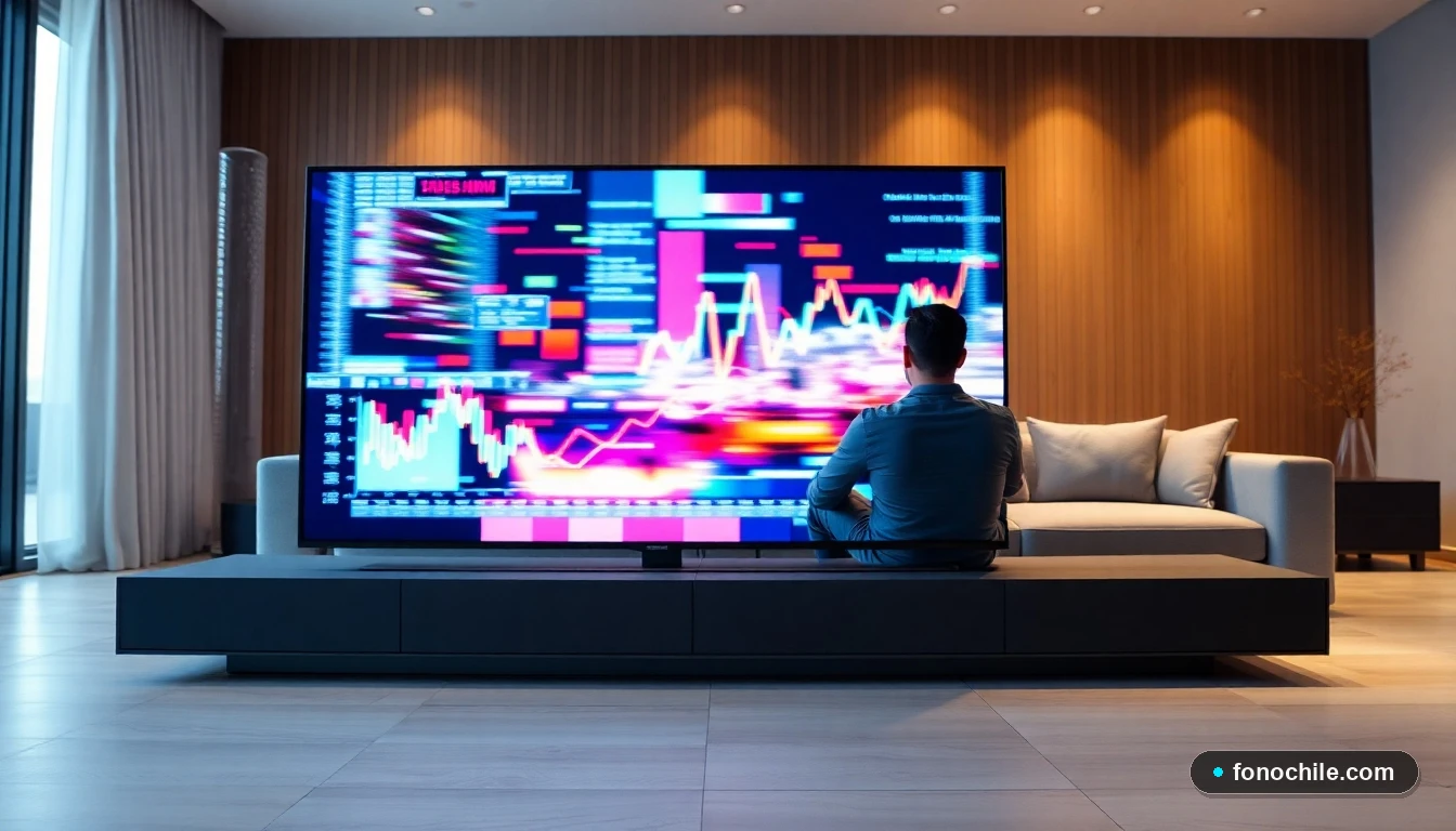 Pantalla de televisor mostrando gráficos abstractos de colores representando el catálogo y beneficios de una plataforma de streaming.