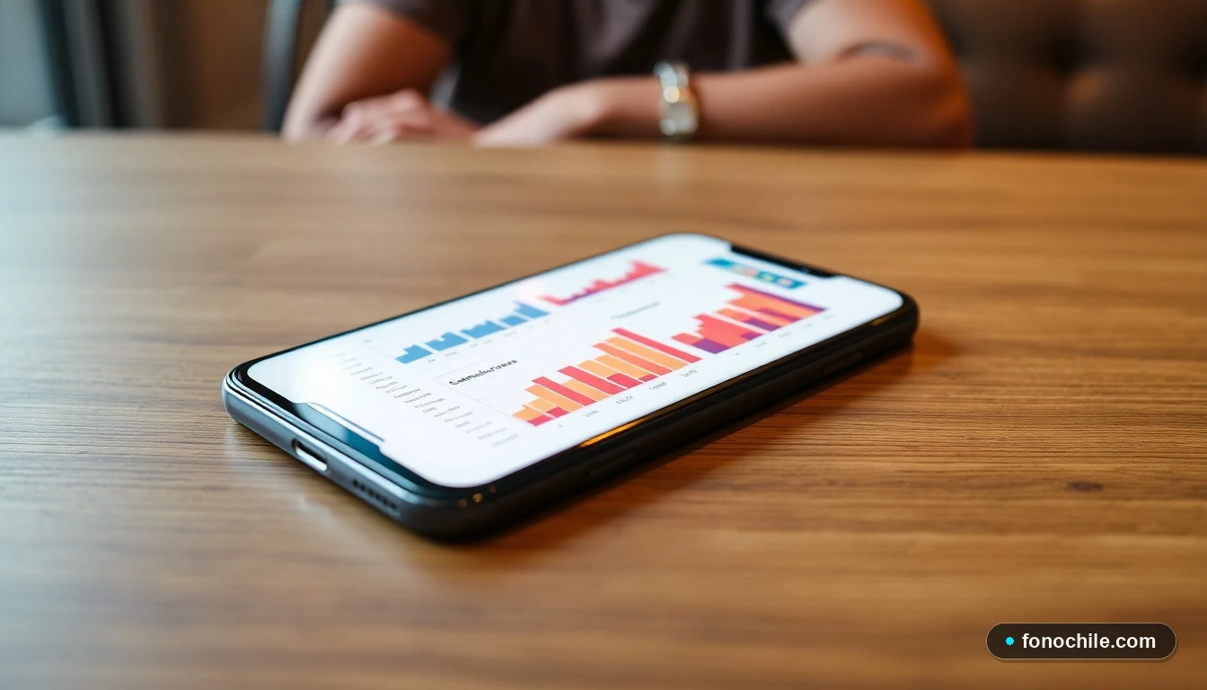 Smartphone mostrando un dashboard colorido de una tienda online con gráficos de compras y estadísticas.