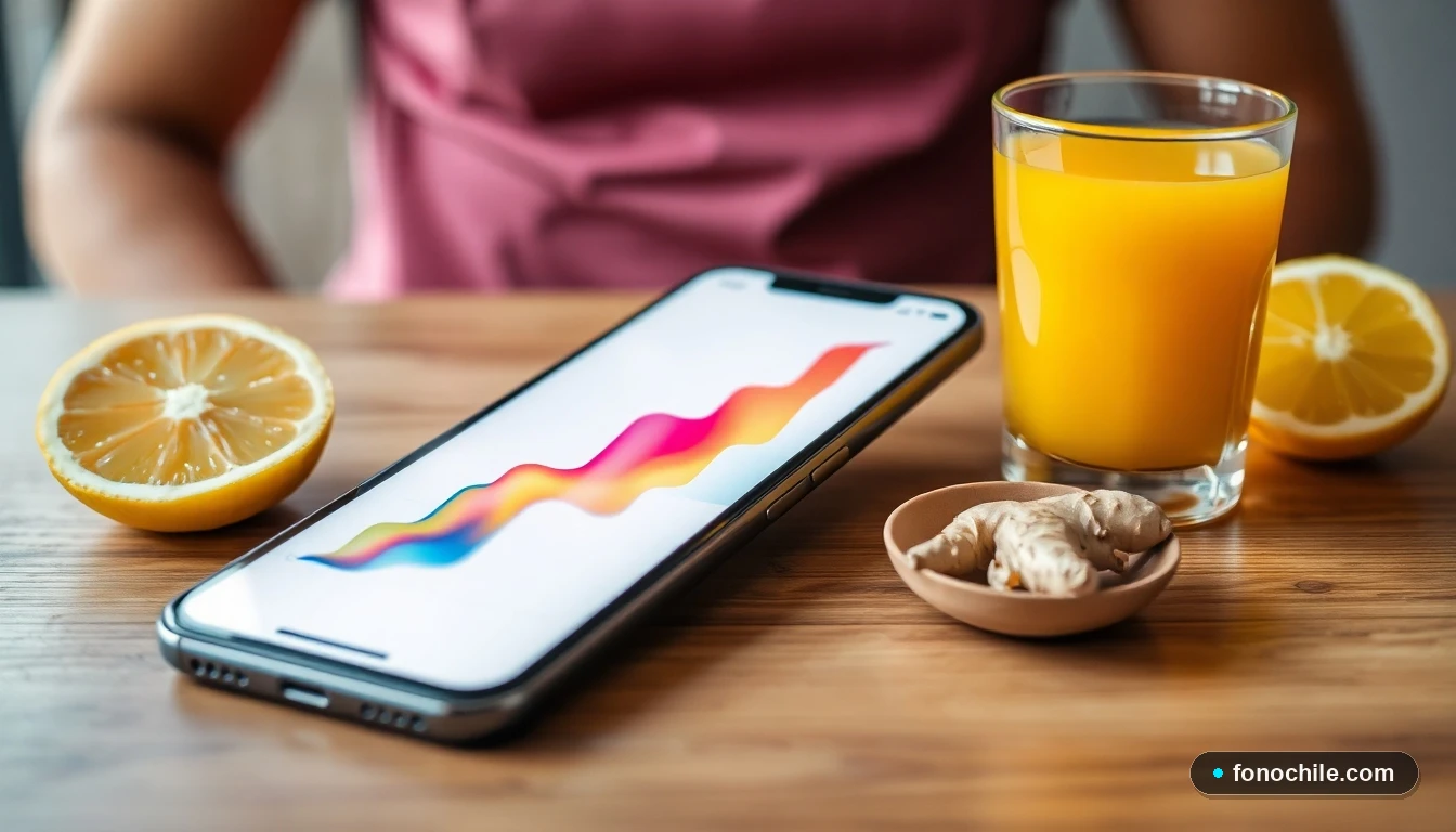 Gráfico abstracto de consumo de jugos naturales en Chile junto a un smartphone, jengibre fresco y una bebida dorada saludable.