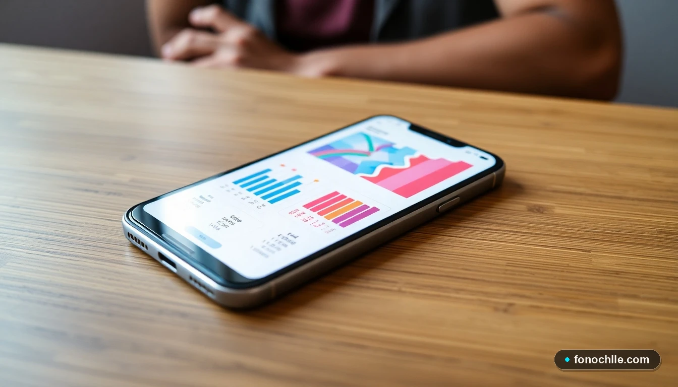 Gráficos abstractos de crecimiento financiero y beneficios de crédito en la pantalla de un smartphone moderno.