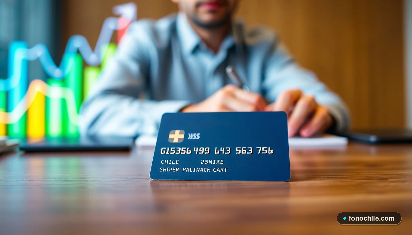 Tarjeta de crédito moderna sobre escritorio con gráficos de beneficios financieros de fondo.