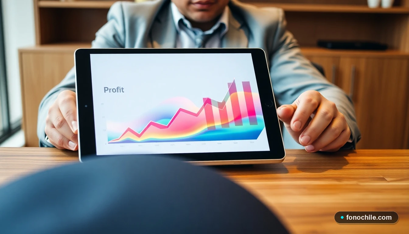 Gráfico abstracto de crecimiento de beneficios financieros para empresas en una tablet sobre escritorio.