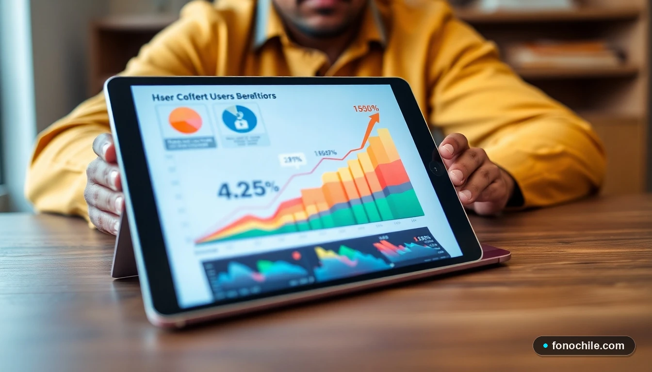 Gráfico abstracto de datos que muestra el crecimiento y beneficios de la telefonía móvil moderna en una tableta sobre una mesa.