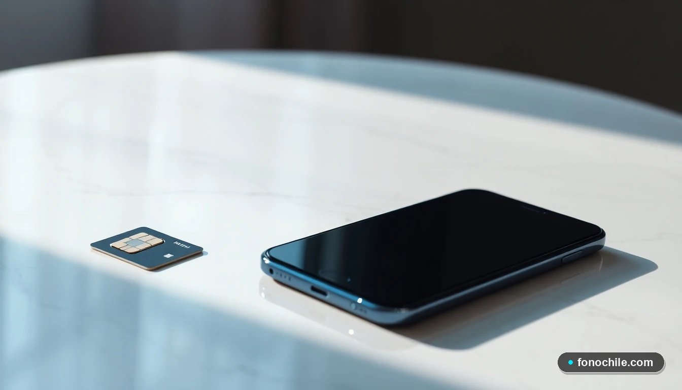 Primer plano artístico de un teléfono inteligente y una tarjeta SIM sobre una superficie de mármol, representando la tecnología y conectividad de Bionet.