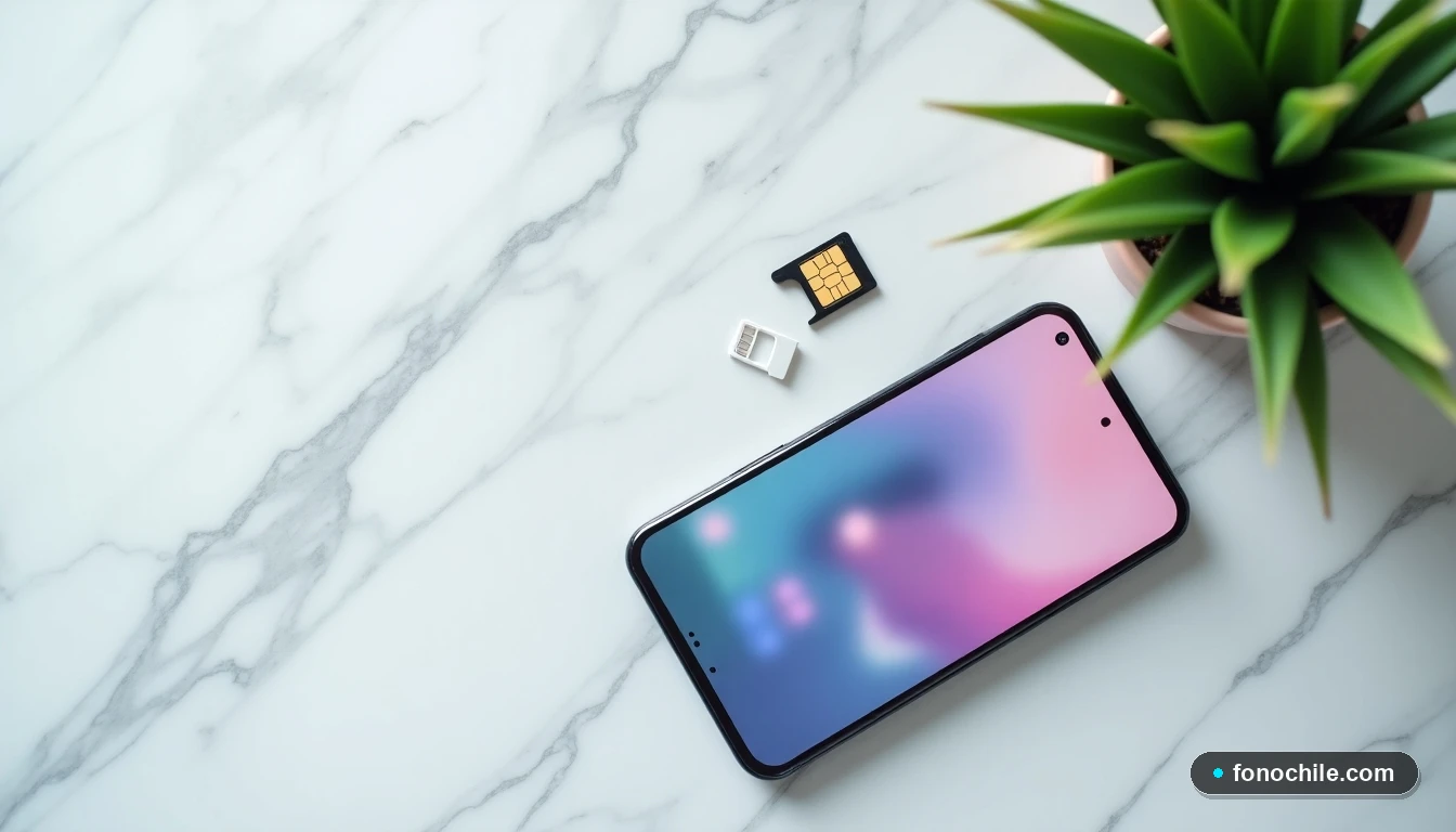 Vista superior de un teléfono y herramienta de extracción de SIM sobre mármol, mostrando interfaz genérica, para guía de configuración de privacidad.