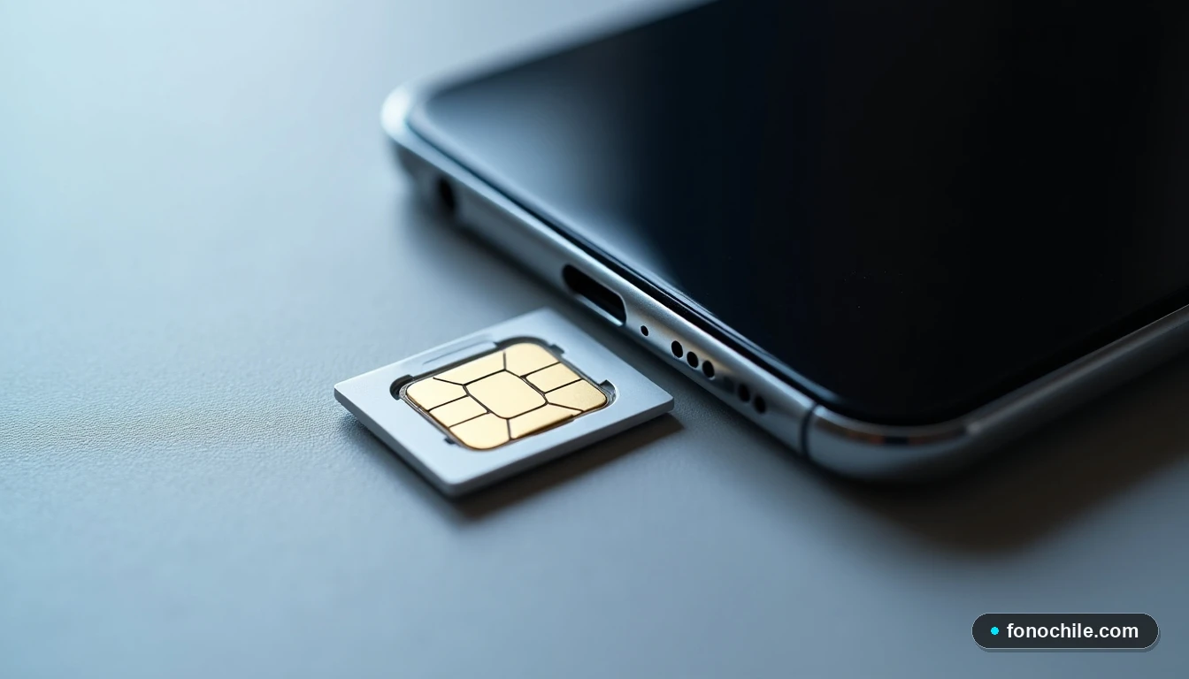 Trayectoria de tarjeta SIM y teléfono móvil en close-up, concepto de desactivación de línea para seguridad Entel.