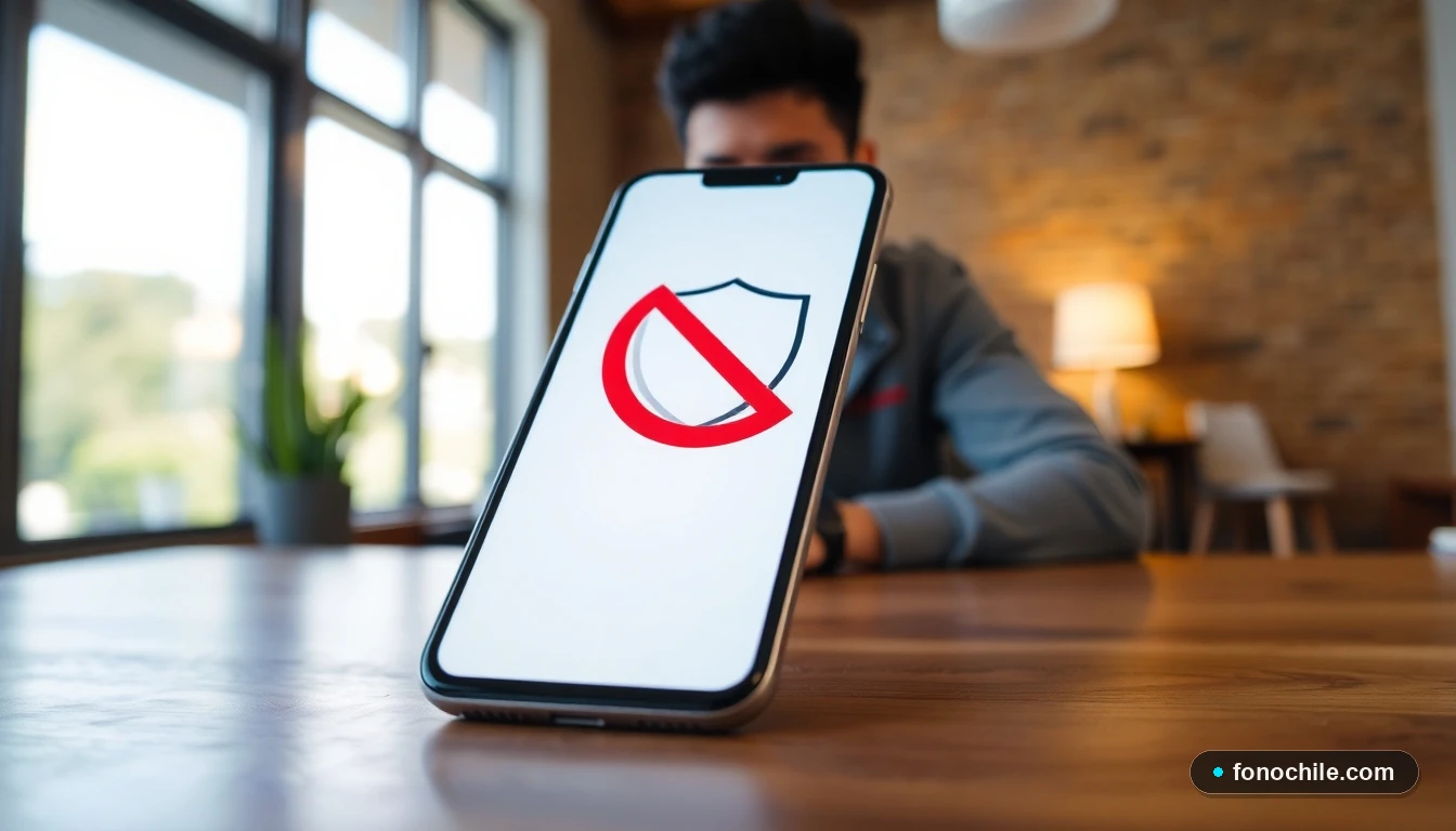 Smartphone mostrando un escudo de seguridad y símbolo de prohibición para bloquear llamadas no deseadas en Chile.