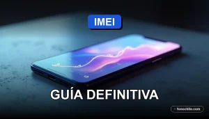 Guía sobre el bloqueo de IMEI en Chile 2026, teléfono móvil sobre escritorio con pantalla abstracta.