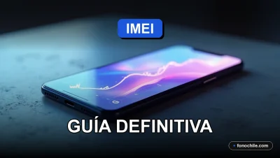 Guía sobre el bloqueo de IMEI en Chile 2026, teléfono móvil sobre escritorio con pantalla abstracta.