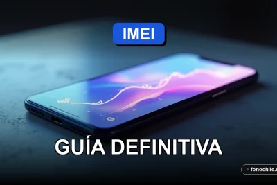 Guía sobre el bloqueo de IMEI en Chile 2026, teléfono móvil sobre escritorio con pantalla abstracta.