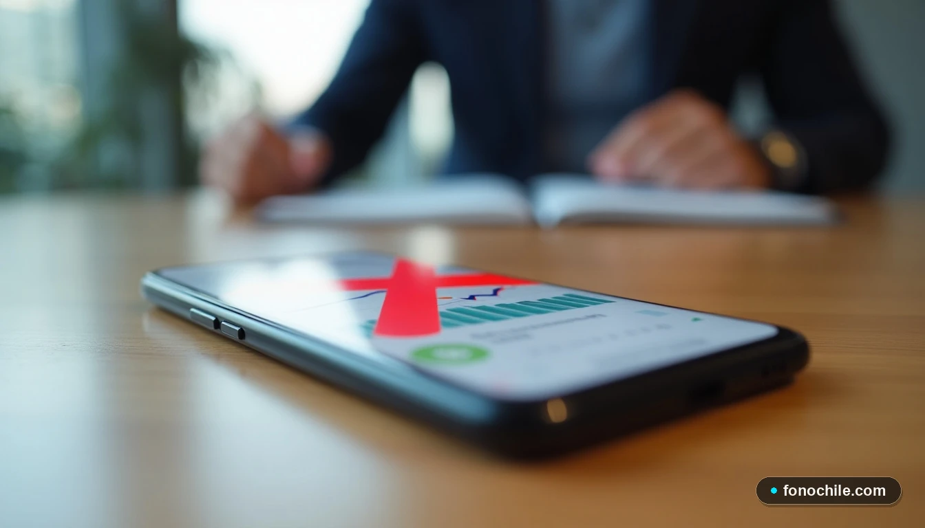 Smartphone mostrando gráfico abstracto con indicador de bloqueo IMEI en pantalla, concepto de seguridad móvil.