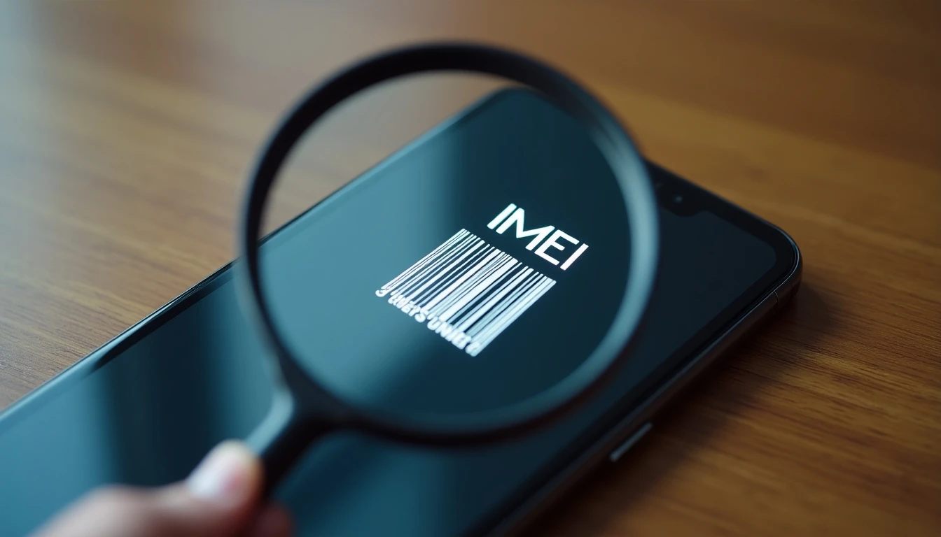 Smartphone con código IMEI visible bajo una lupa, concepto de seguridad móvil y protección contra robos.