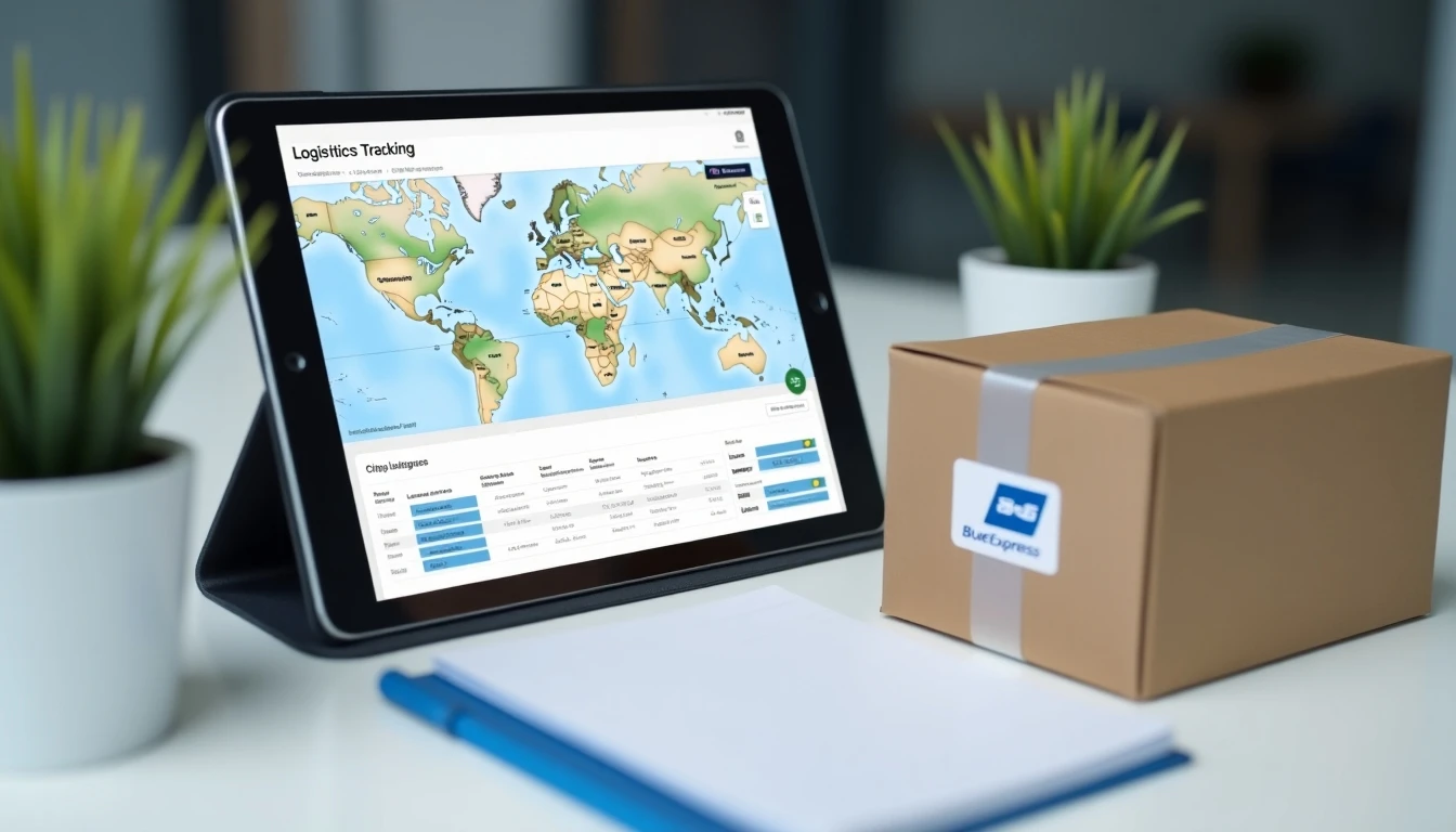Mesa de trabajo con seguimiento de envíos Blue Express en tablet y paquete listo para enviar