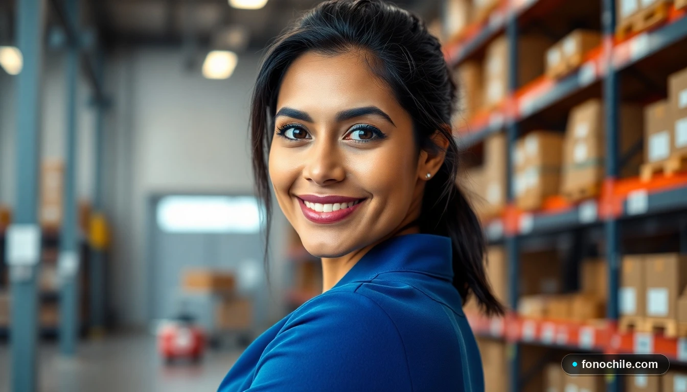 Agente de Blue Express Chile en el centro de operaciones, con estantería de paquetes al fondo