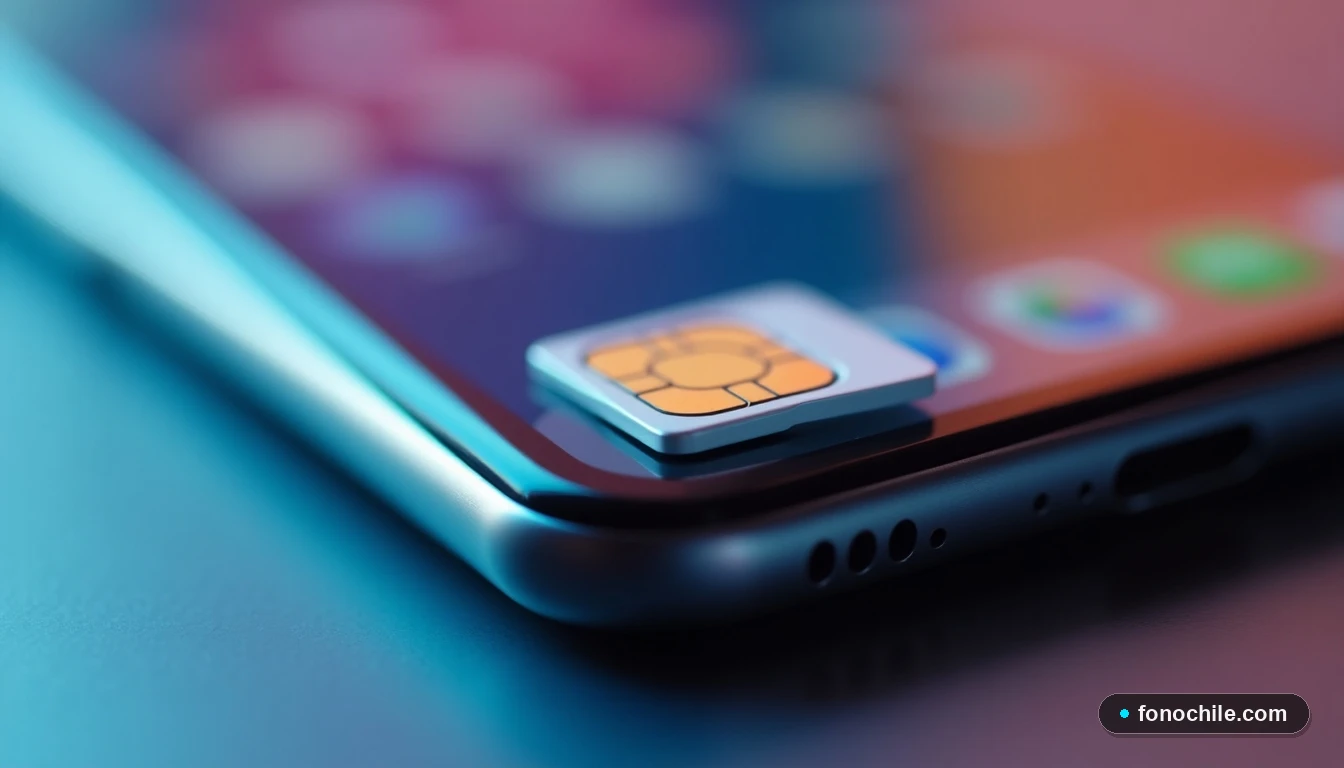 Primer plano detallado de una tarjeta SIM y un teléfono inteligente moderno, representando la activación de un plan de datos.