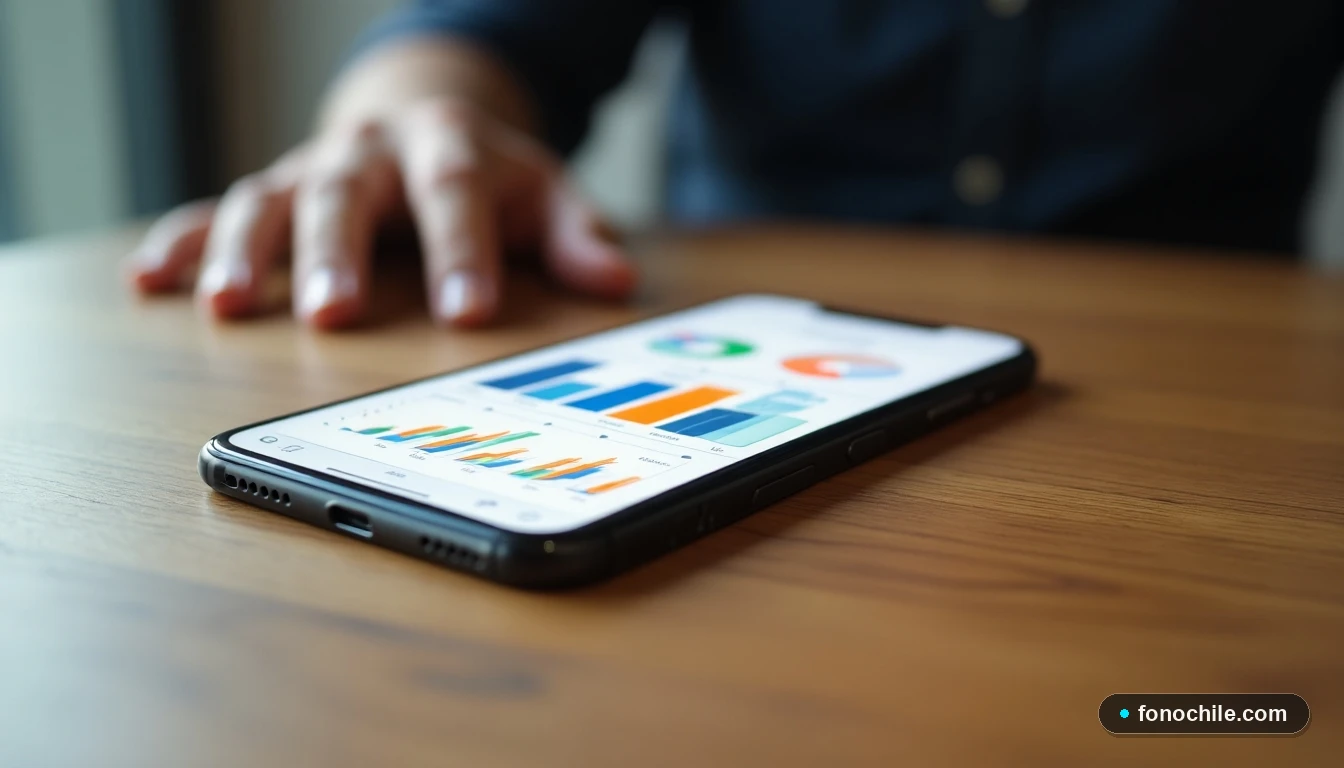 Smartphone mostrando un gráfico de consumo de datos de colores en una mesa de madera.