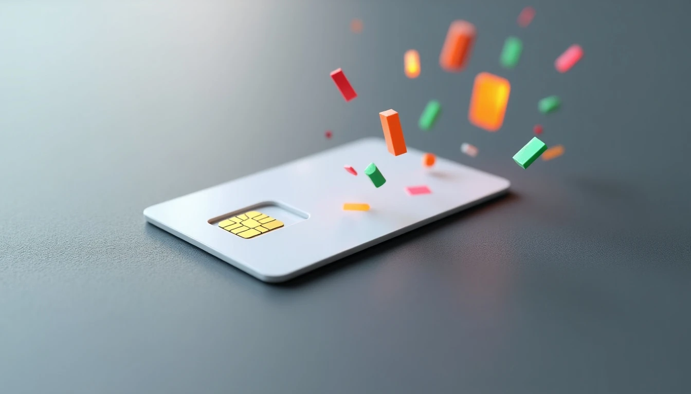 Tarjeta SIM moderna con iconos de paquetes de datos flotando, representando bolsas de internet prepago en Chile.