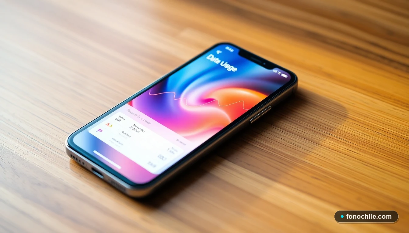 Smartphone mostrando gráfico abstracto de consumo de datos móviles en colores vibrantes sobre una mesa.