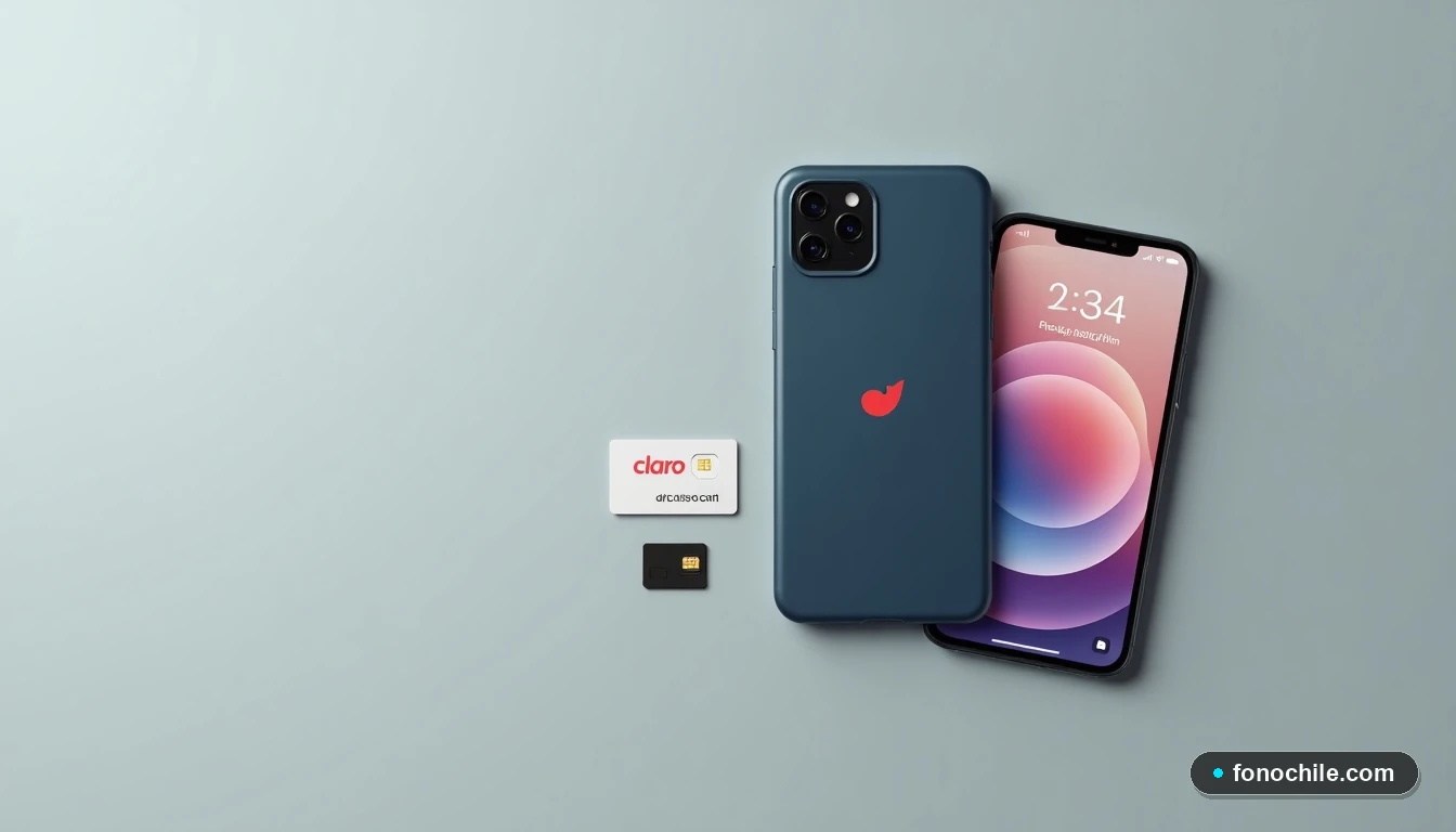 Vista superior de una funda de teléfono Claro y una tarjeta SIM prepago, organizadas sobre una mesa limpia.