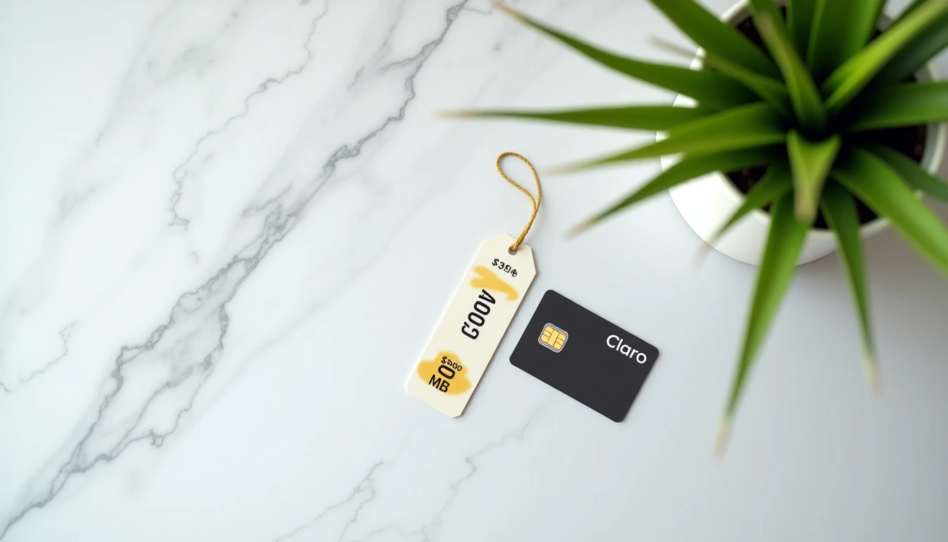 SIM Card Claro y etiqueta de bolsa prepago de 300 MB sobre mármol.