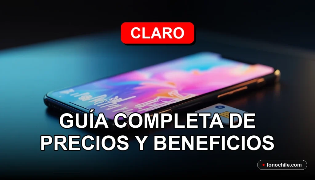 Un teléfono inteligente moderno con una tarjeta SIM Claro reposando sobre una mesa de vidrio, mostrando gráficos abstractos en su pantalla.