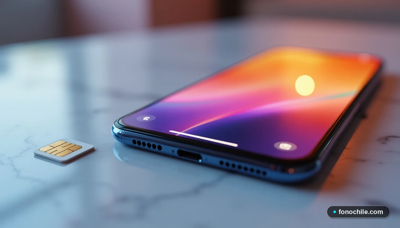 Primer plano de un teléfono inteligente mostrando una interfaz de usuario genérica con tonos cálidos, junto a una tarjeta SIM Movistar.