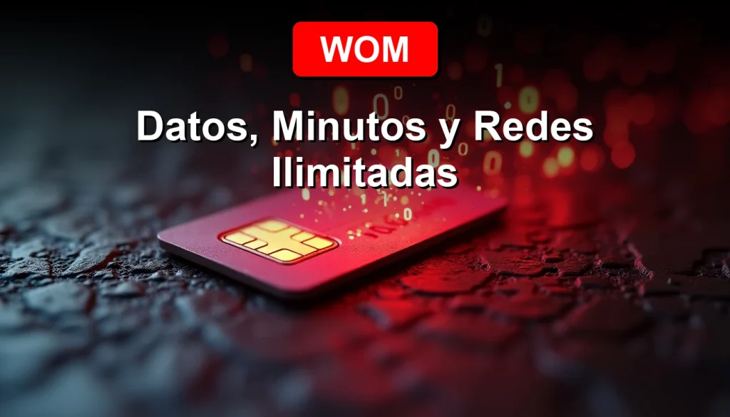 Una tarjeta SIM WOM de color rojo brillante sobre una superficie de concreto, con un holograma de datos digitales ilimitados proyectándose desde ella, en un estilo cinematográfico.