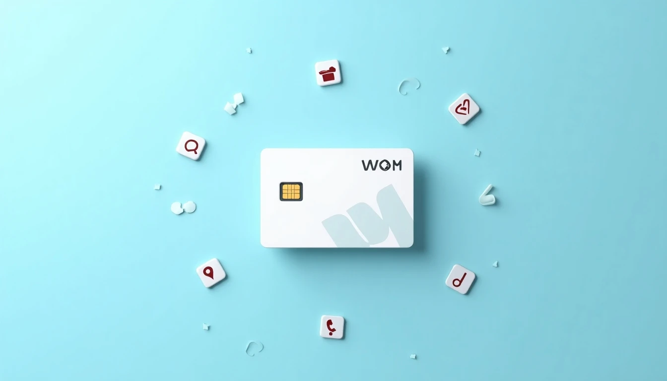 SIM card WOM y iconos de datos, redes sociales y minutos prepago