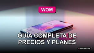 Tarjeta SIM WOM de color rosa sobre una mesa de vidrio, junto a un teléfono inteligente moderno con pantalla que muestra gráficos abstractos.