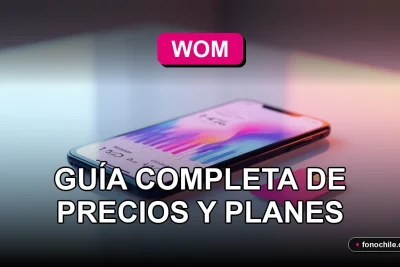 Tarjeta SIM WOM de color rosa sobre una mesa de vidrio, junto a un teléfono inteligente moderno con pantalla que muestra gráficos abstractos.