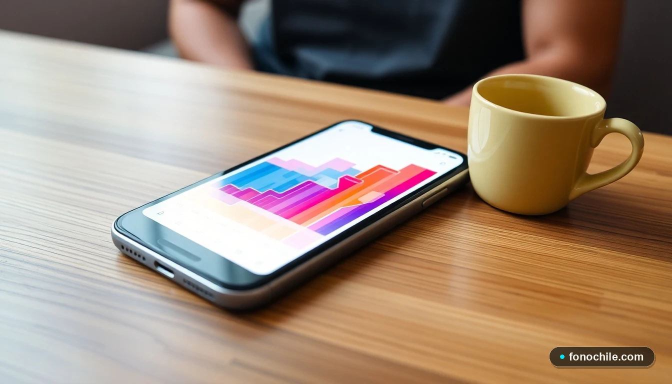 Gráfico abstracto de consumo de datos móviles en pantalla de smartphone sobre mesa de madera.