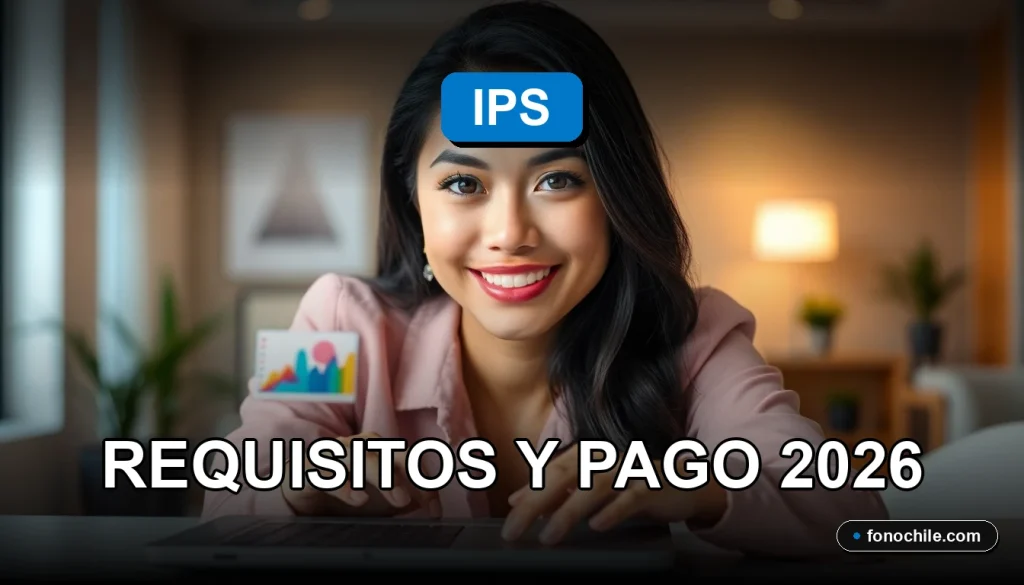 Una mujer latina sonríe mientras consulta información sobre el Bono por Hijo IPS en su laptop, mostrando gráficos abstractos en la pantalla.