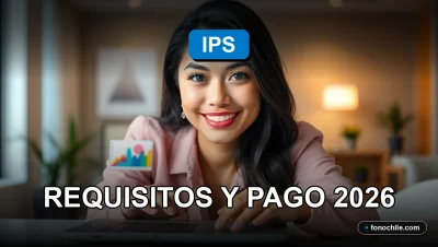 Una mujer latina sonríe mientras consulta información sobre el Bono por Hijo IPS en su laptop, mostrando gráficos abstractos en la pantalla.