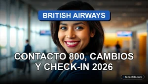Una mujer latina sonriente, representando el servicio al cliente de British Airways en Chile, con un fondo de aeropuerto moderno y abstracto.
