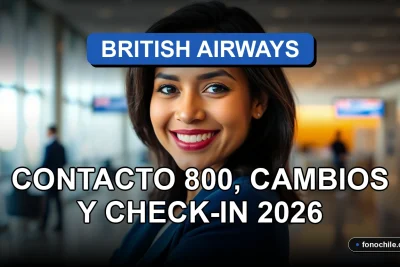 Una mujer latina sonriente, representando el servicio al cliente de British Airways en Chile, con un fondo de aeropuerto moderno y abstracto.