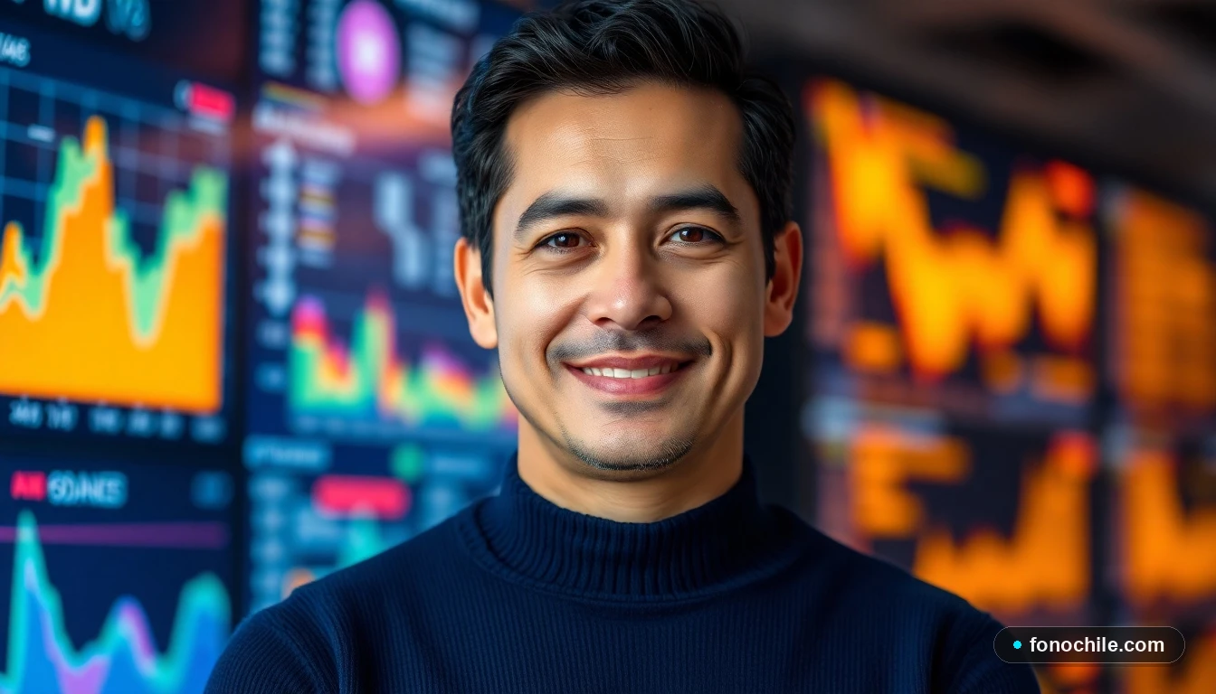 Un hombre hispano, agente de servicio al cliente de British Airways, con visualizaciones de datos abstractas de fondo.