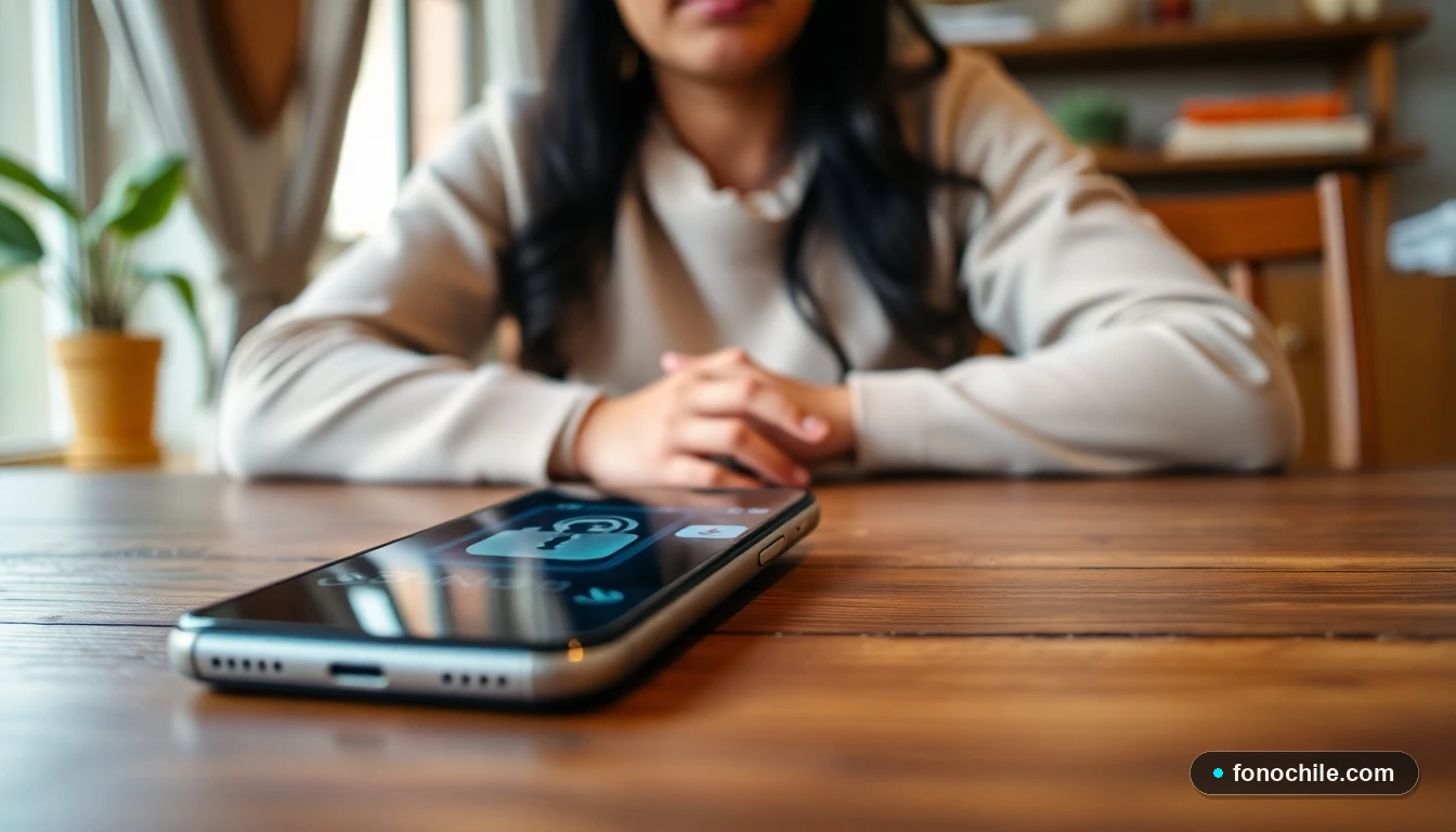 Smartphone moderno en un hogar chileno mostrando un concepto abstracto de seguridad digital en su pantalla.