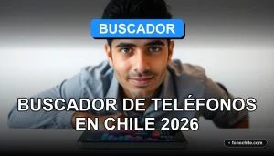 Buscador de números telefónicos en Chile, aplicación móvil en pantalla con gráficos abstractos.