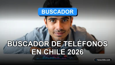 Buscador de números telefónicos en Chile, aplicación móvil en pantalla con gráficos abstractos.
