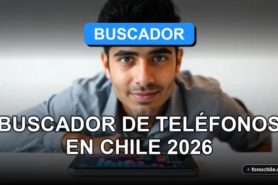 Buscador de números telefónicos en Chile, aplicación móvil en pantalla con gráficos abstractos.