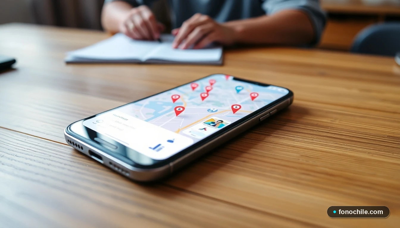 Smartphone mostrando un mapa abstracto con ubicaciones para buscar sucursales bancarias en Chile