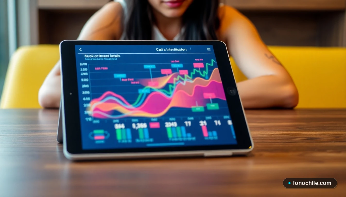 Visualización abstracta de datos de identificación de llamadas en una tablet sobre una mesa de madera.