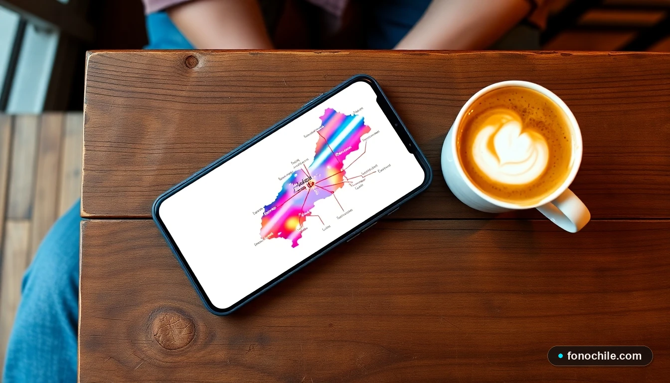 Smartphone mostrando un mapa de rutas de buses interurbanos en Chile sobre una mesa de madera