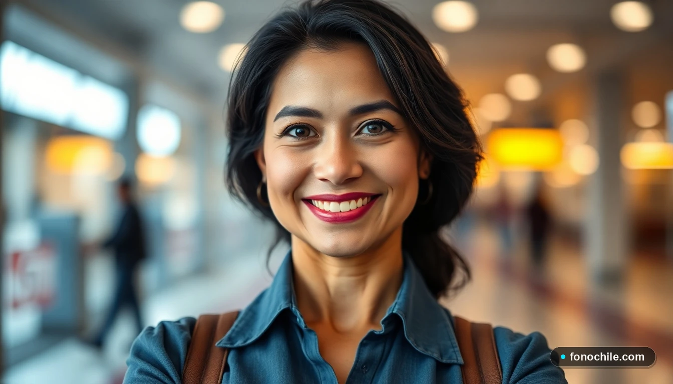 Retrato profesional de una empleada de servicio al cliente de Buses Nilahue sonriendo, con una estación de autobuses desenfocada en el fondo.