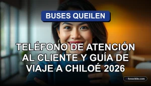 Una mujer hispana sonriente, representando al servicio de atención al cliente de Buses Queilen, con un teléfono inteligente mostrando gráficos abstractos en una mesa.