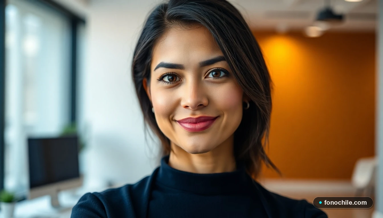 Primer plano de la agente de atención al cliente de Buses Queilen, con una expresión amable y profesional.