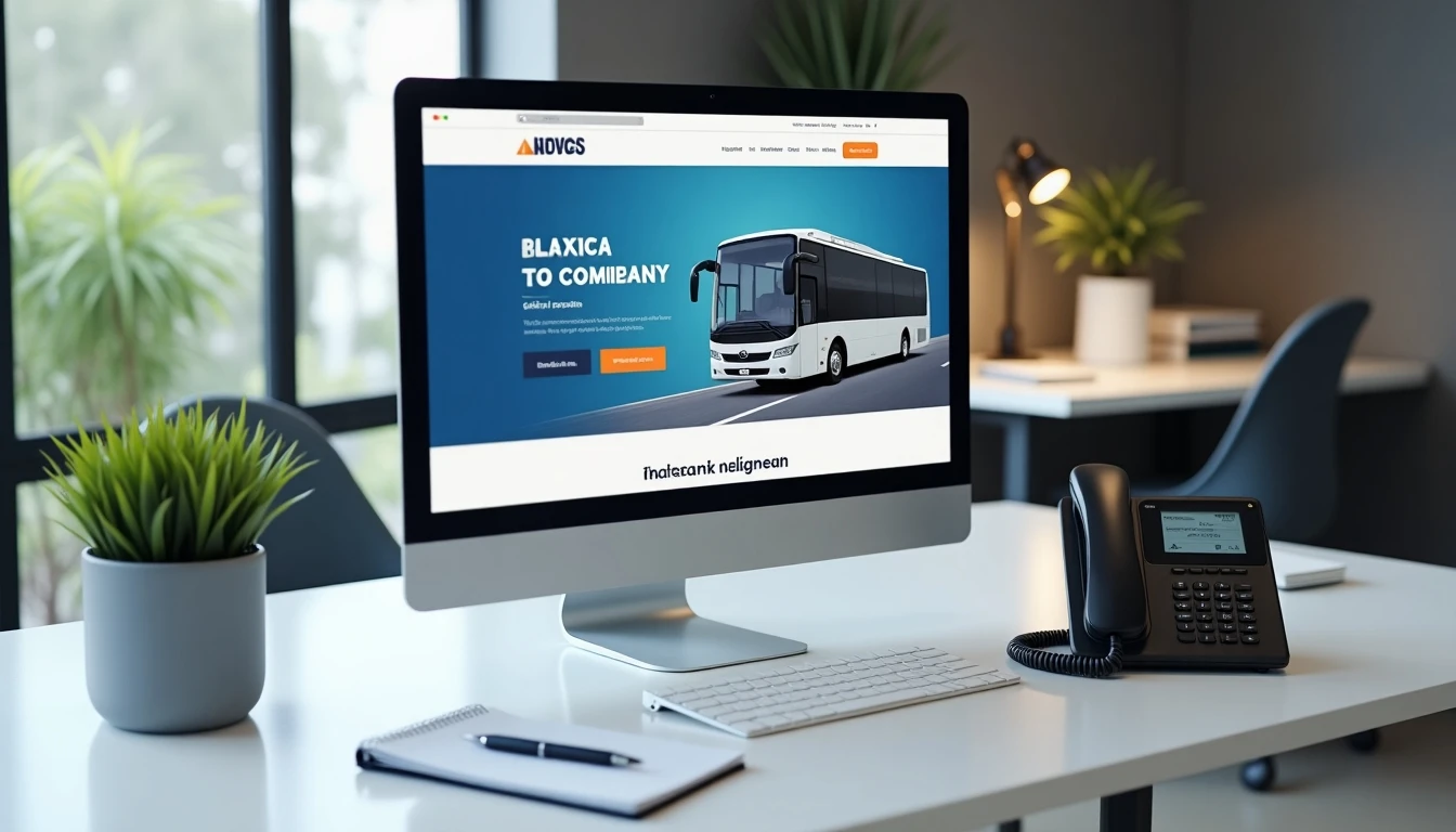 Oficina moderna con los canales de contacto de Buses Ríos en pantalla