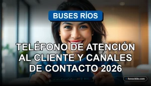Una mujer hispana sonriente, representando el servicio de atención al cliente de Buses Ríos, con un teléfono inteligente mostrando gráficos abstractos en una mesa.