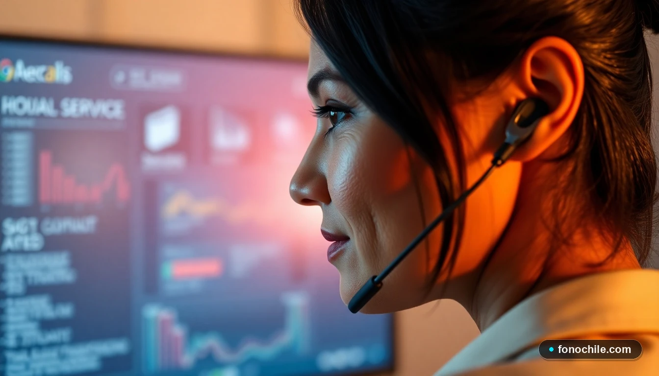 Primer plano de una agente de atención al cliente de Buses Ríos escuchando atentamente, con una interfaz genérica desenfocada de fondo.